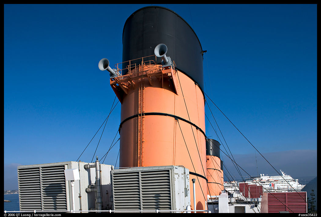 Chimneys and air input grids on the Queen Mary liner. Long Beach, Los Angeles, California, USA