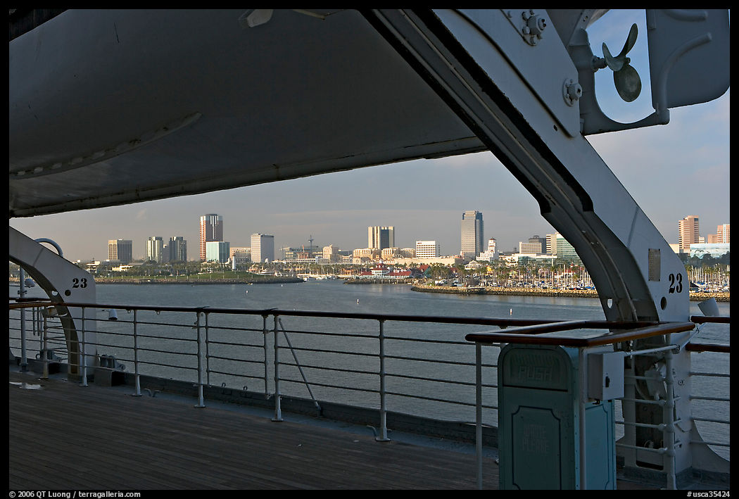 Skyline of Long Beach, seen from the deck of the Queen Mary. Long Beach, Los Angeles, California, USA