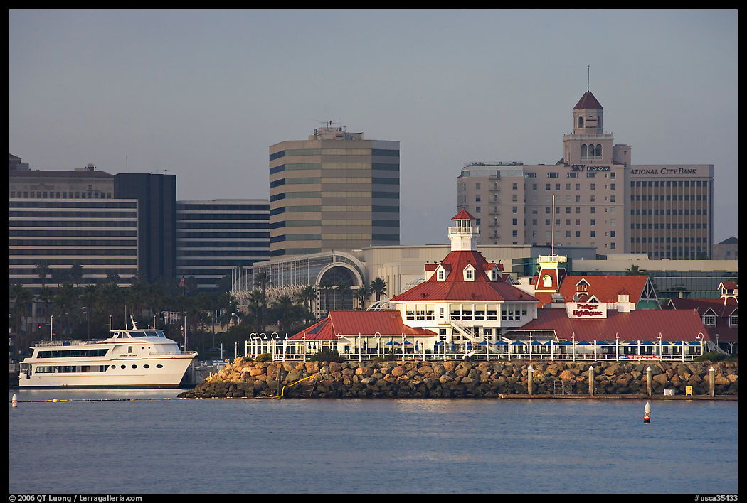 Parkers Lighthouse and skyline. Long Beach, Los Angeles, California, USA