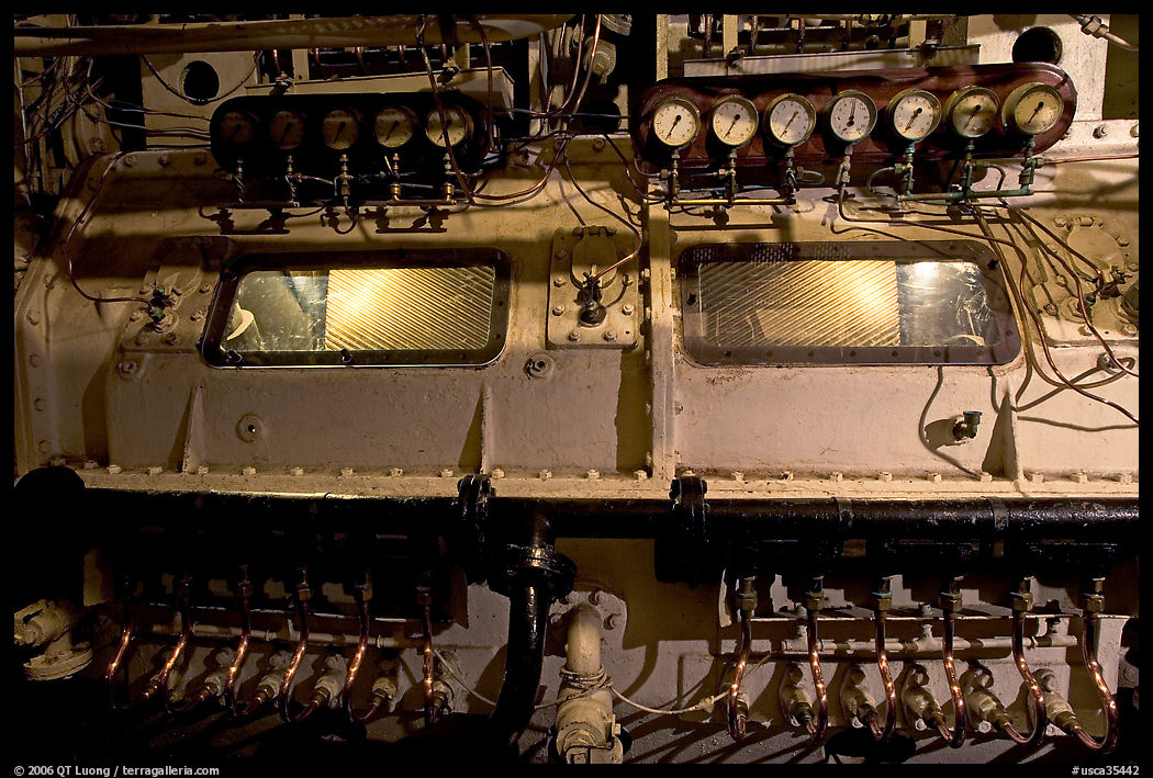 Machinery in the engine room of the Queen Mary. Long Beach, Los Angeles, California, USA
