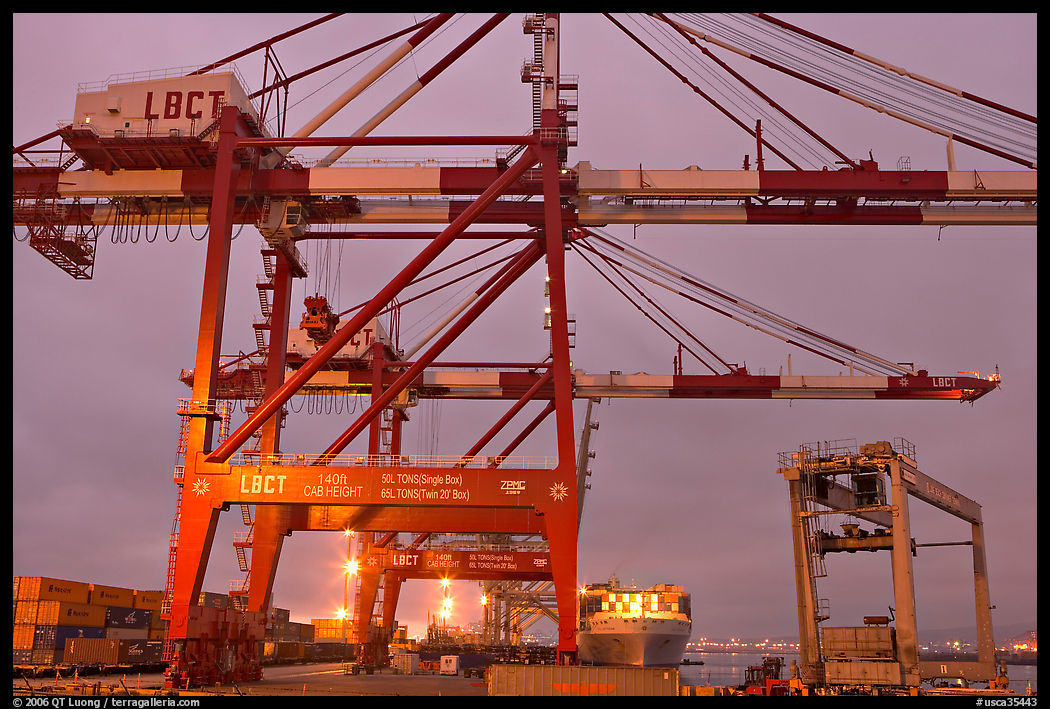 Cranes, Port of Los Angeles, sunset. Long Beach, Los Angeles, California, USA