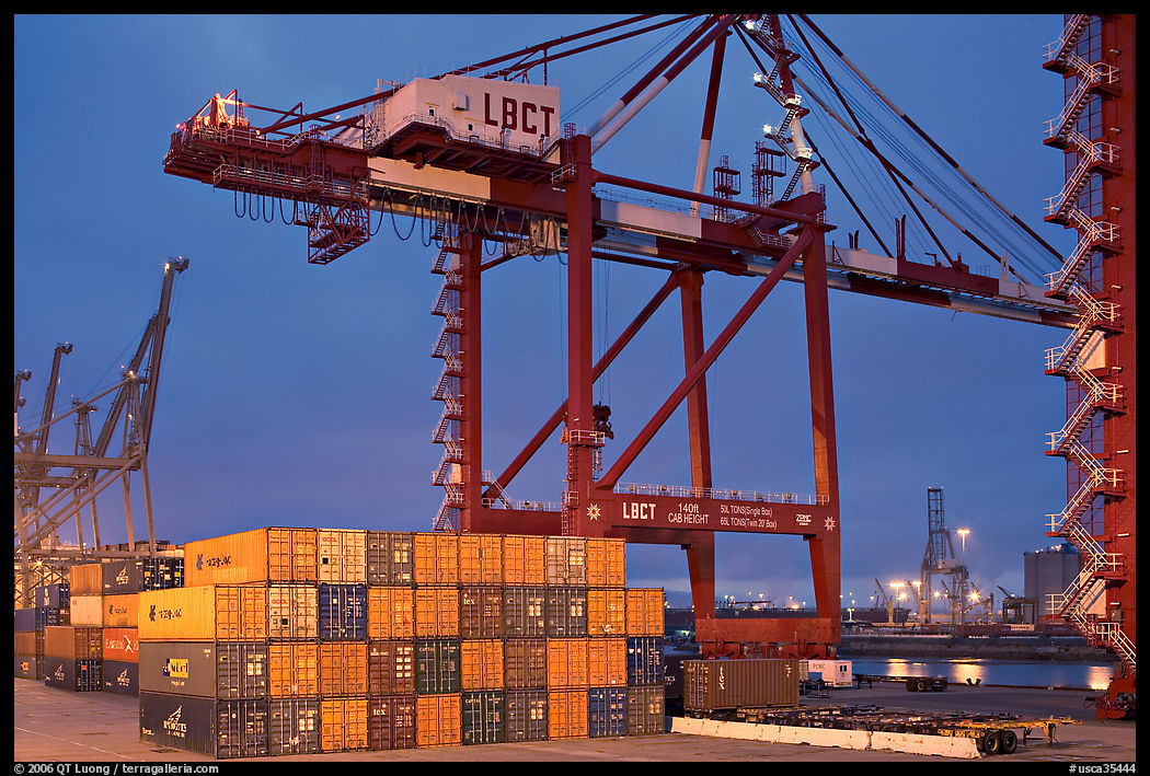 Countainers and cranes, Port of Los Angeles, dusk. Long Beach, Los Angeles, California, USA