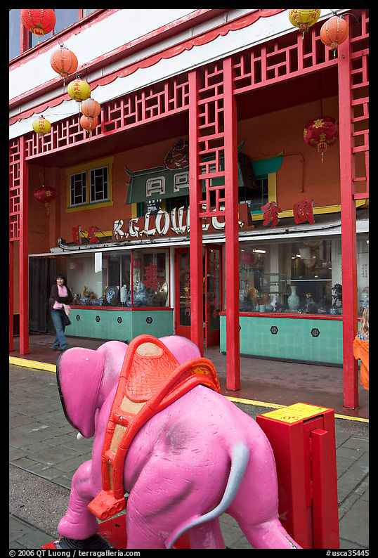 Pink toy elephant and storefront, Chinatown. Los Angeles, California, USA