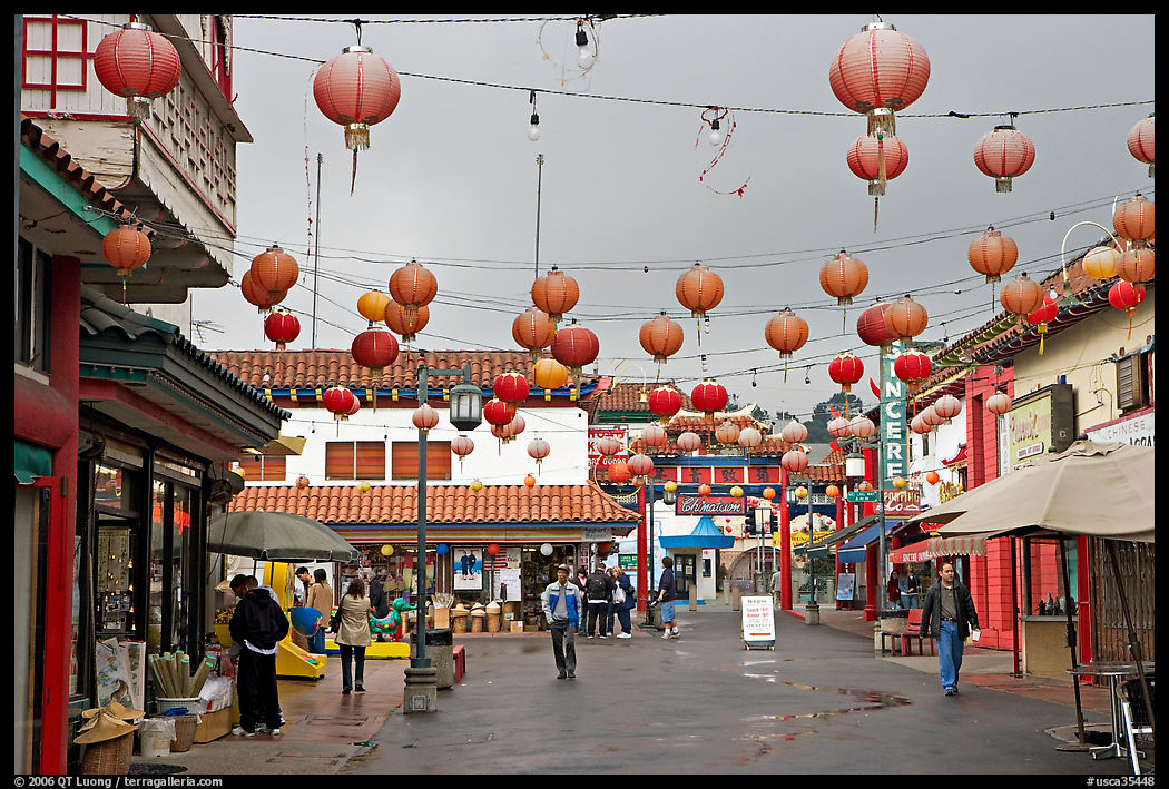 Lanterns and pedestrian street in rainy weather,  Chinatown. Los Angeles, California, USA