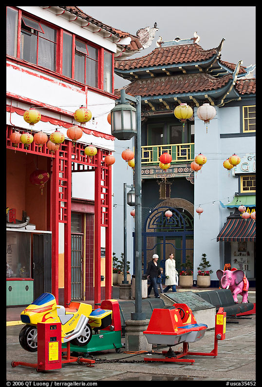 Rides and buildings in Chinese style, Chinatown. Los Angeles, California, USA