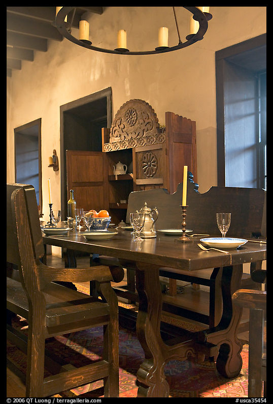 Room furnished in heavy oak in the Avila Adobe. Los Angeles, California, USA