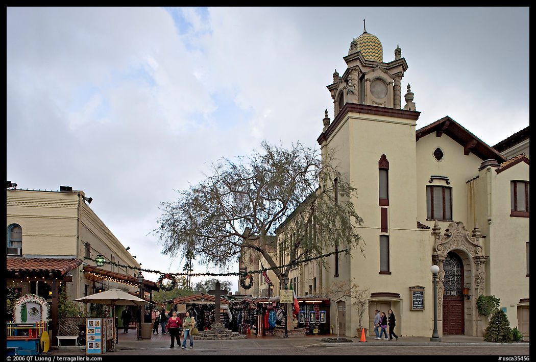 Church and Olvera Street, El Pueblo historic district. Los Angeles, California, USA
