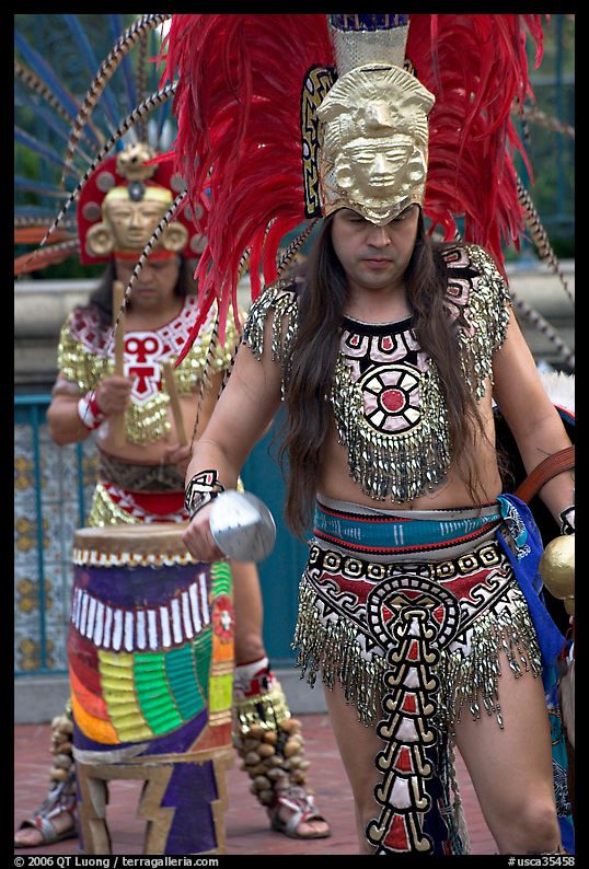 Aztec dancers performing, El Pueblo historic district. Los Angeles, California, USA