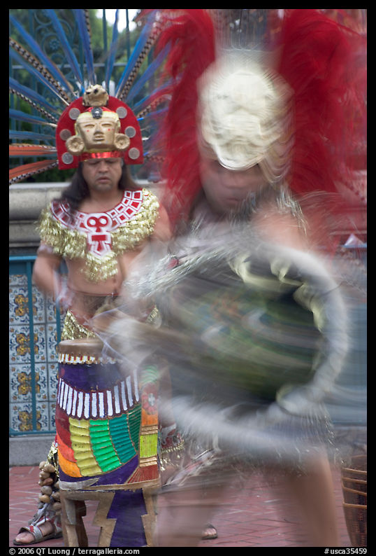 Aztec dancers in motion. Los Angeles, California, USA