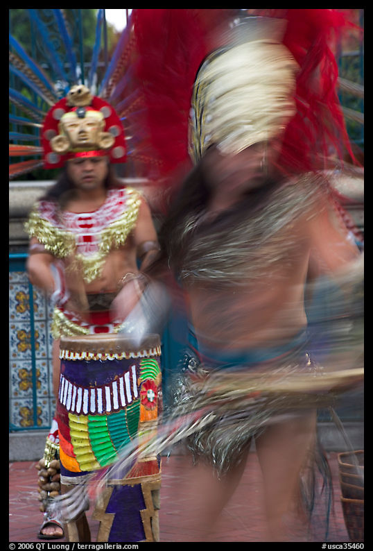 Aztec dancers with motion blur. Los Angeles, California, USA