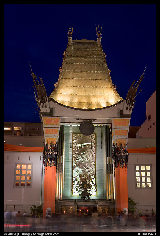 Main gate of Grauman Chinese Theatre at night. Hollywood, Los Angeles, California, USA