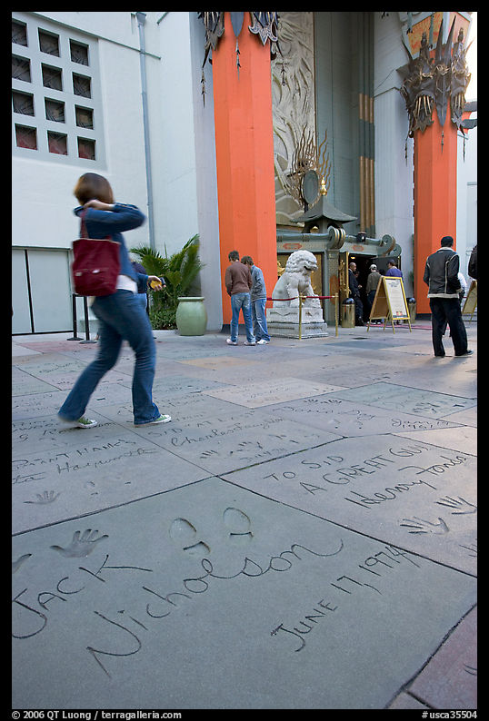 Footprints and handprints of Jack Nicholson in the Grauman theatre forecourt. Hollywood, Los Angeles, California, USA