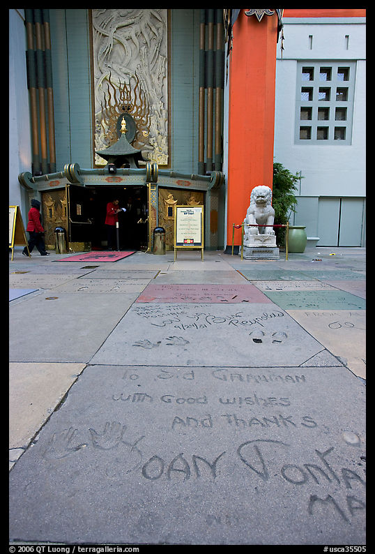 Handprints and footprints of actors and actresses in cement, Grauman theater forecourt. Hollywood, Los Angeles, California, USA