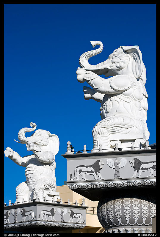 White elephants, replicas from the set of the Griffith movie Intolerance. Hollywood, Los Angeles, California, USA