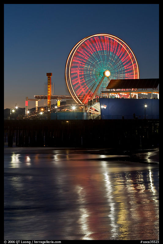 Ferris Wheel in motion at nightfall. Santa Monica, Los Angeles, California, USA