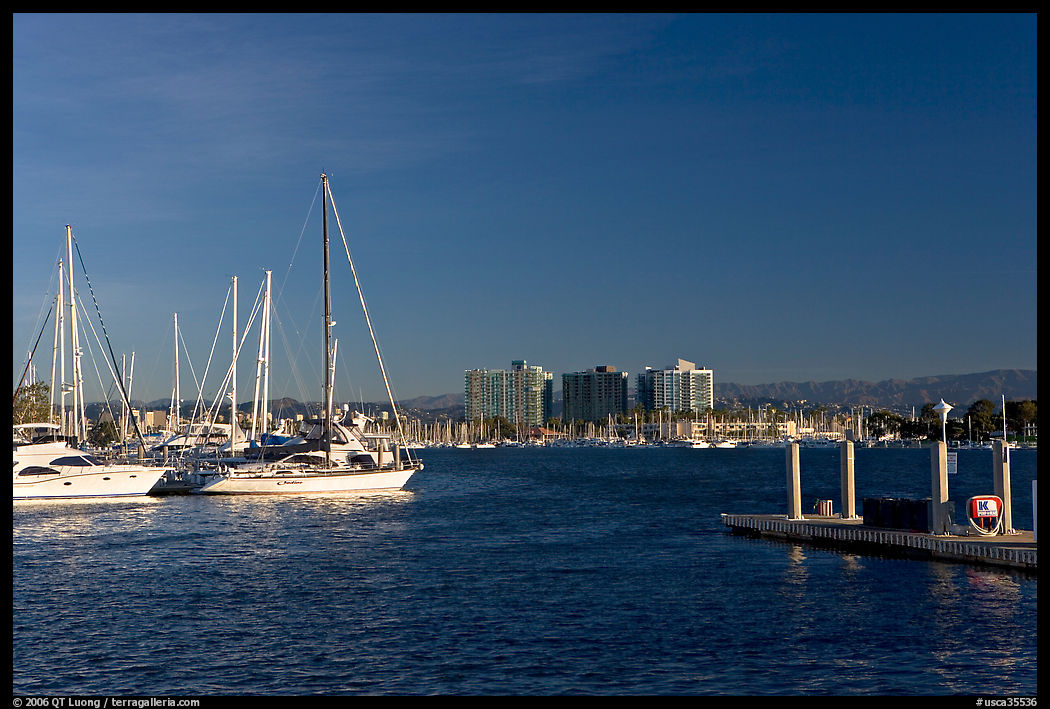 Yachts, marina, and hills, early morning. Marina Del Rey, Los Angeles, California, USA