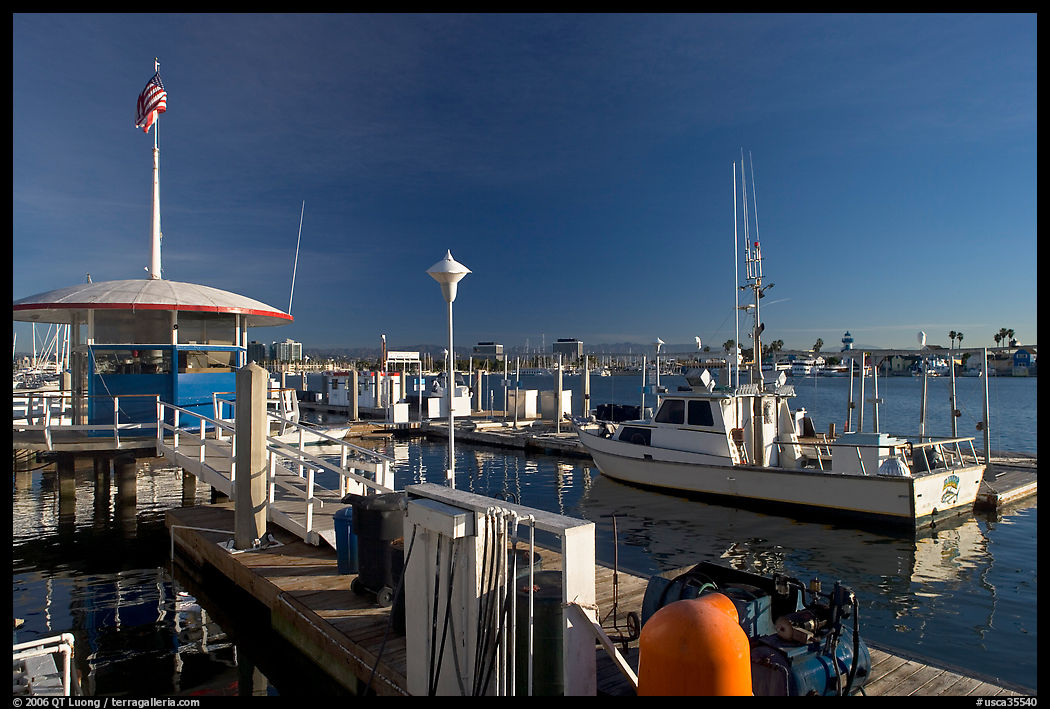 Fishing boat and harbor gas station. Marina Del Rey, Los Angeles, California, USA