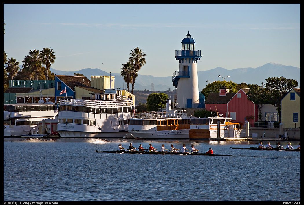 Rowers and fishing village, morning. Marina Del Rey, Los Angeles, California, USA
