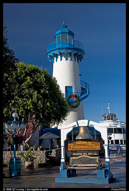 Fishermans village sign and lighthouse. Marina Del Rey, Los Angeles, California, USA
