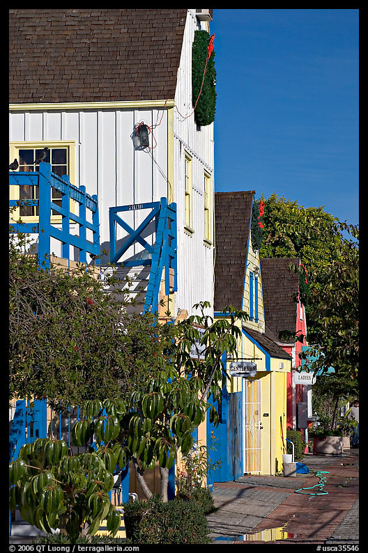 Brighly painted houses, Fishermans village. Marina Del Rey, Los Angeles, California, USA
