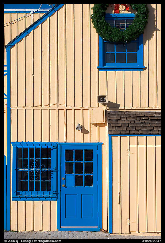 Wooden house with bright blue door. Marina Del Rey, Los Angeles, California, USA
