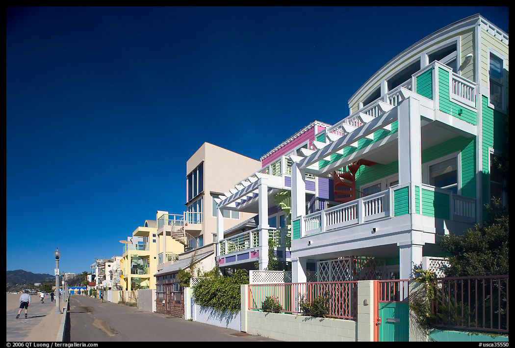 Row of colorful houses and beach promenade. Santa Monica, Los Angeles, California, USA
