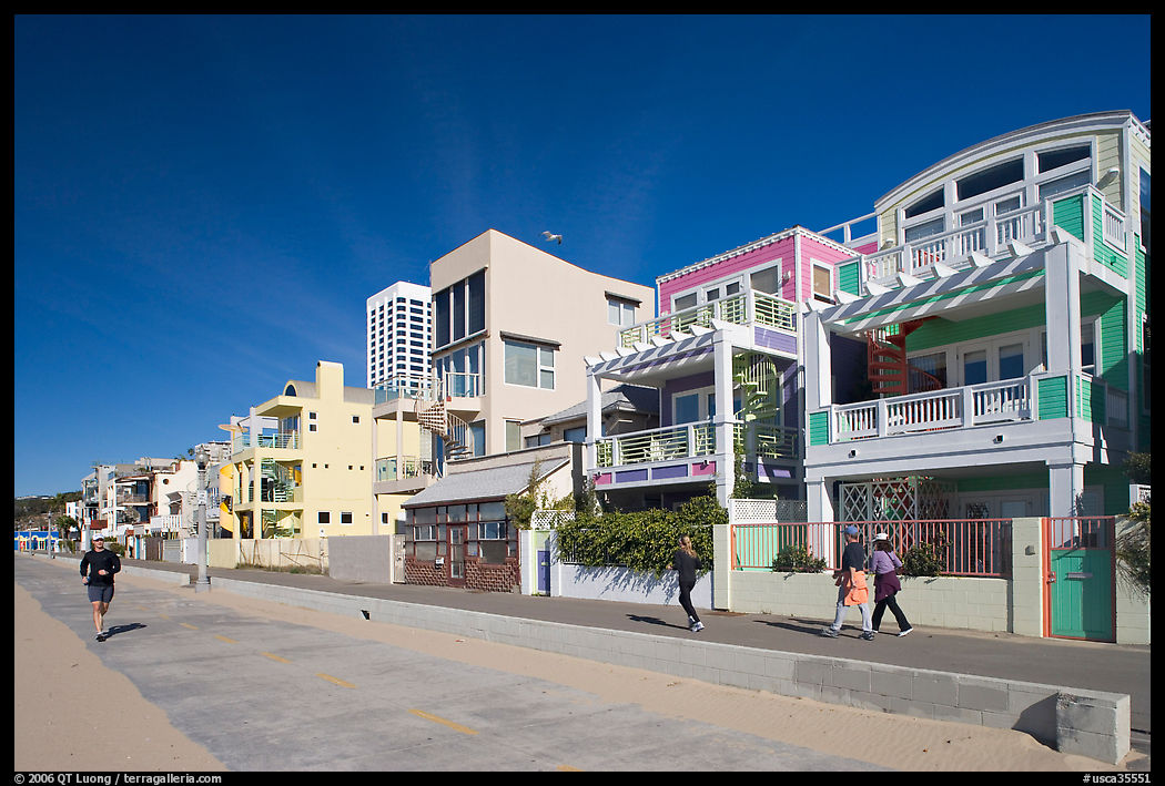 People Jogging and strolling on beach promenade. Santa Monica, Los Angeles, California, USA