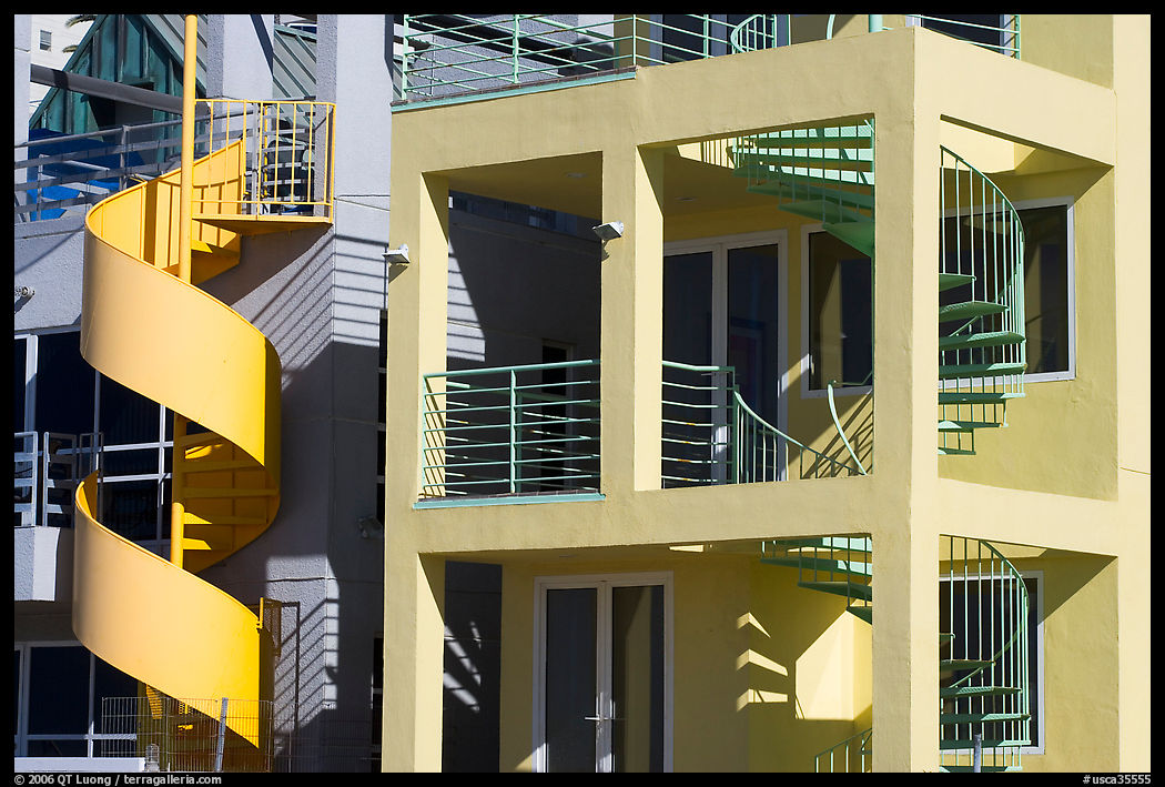 Facade of beach houses with spiral staircase. Santa Monica, Los Angeles, California, USA