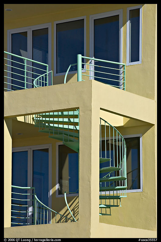 Spiral staircase and balconies on beach house. Santa Monica, Los Angeles, California, USA