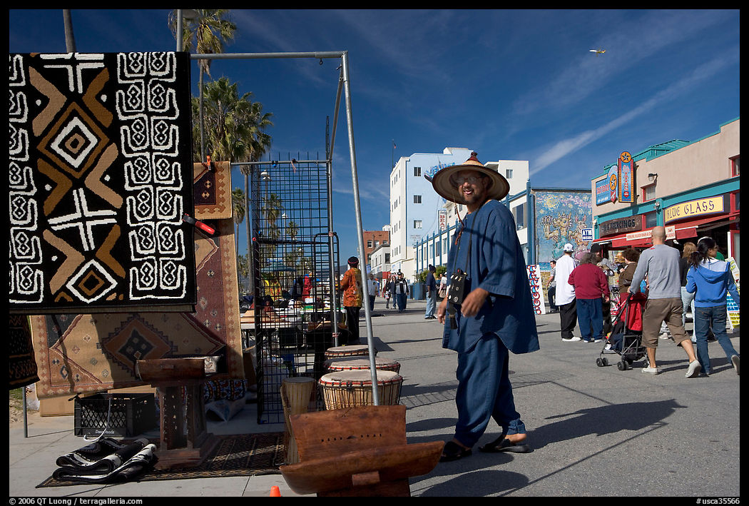 Man selling crafts on Venice Boardwalk. Venice, Los Angeles, California, USA