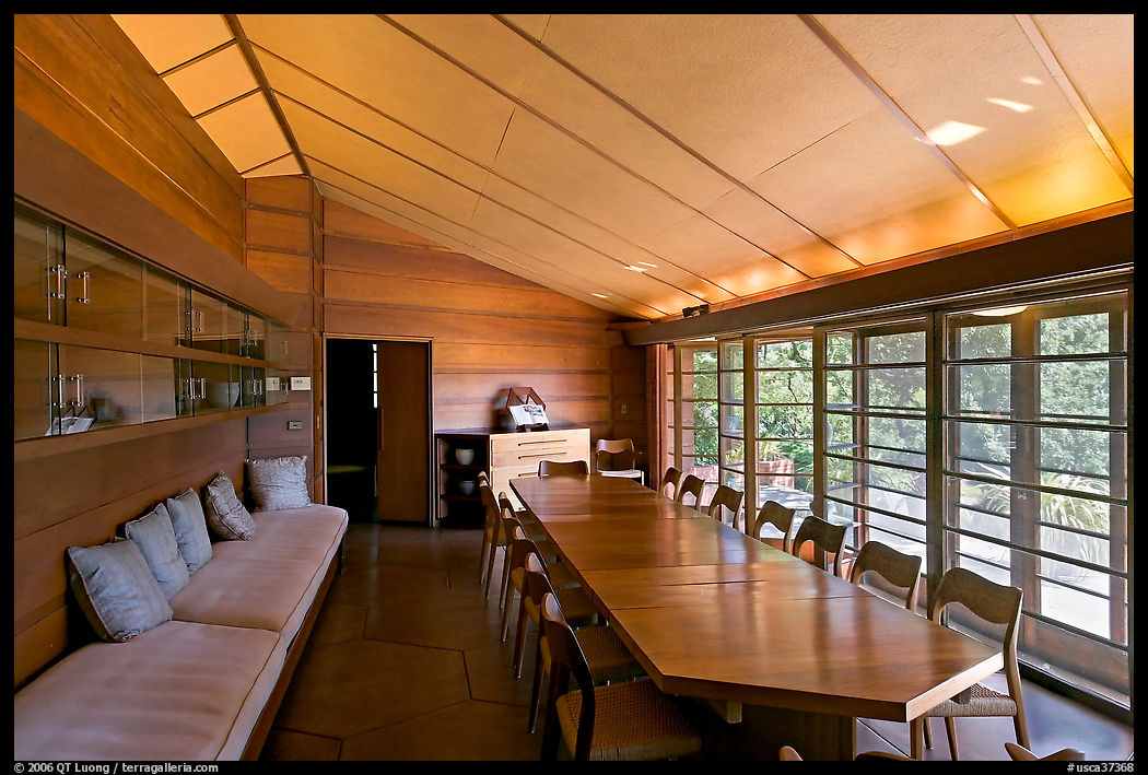 Dining room, Hanna House, a Frank Lloyd Wright masterpiece. Stanford University, SF Bay area, California, USA