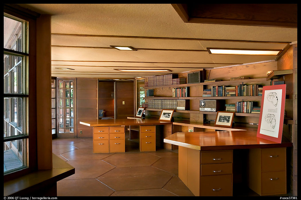 Library with fireplace,  Frank Lloyd Wright Honeycomb House. Stanford University, SF Bay area, California, USA