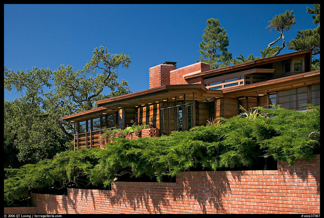Facade and trees, Frank Lloyd Wright Honeycomb House. Stanford University, SF Bay area, California, USA