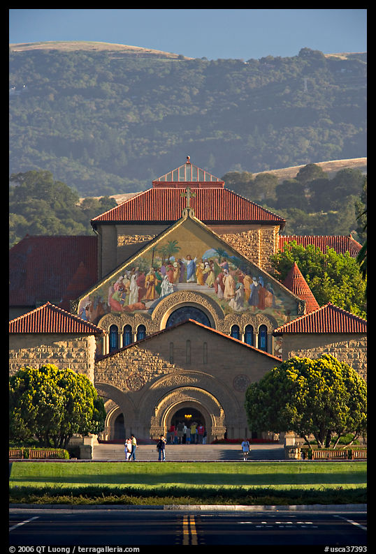 Memorial Church and foothills, late afternoon. Stanford University, SF Bay area, California, USA