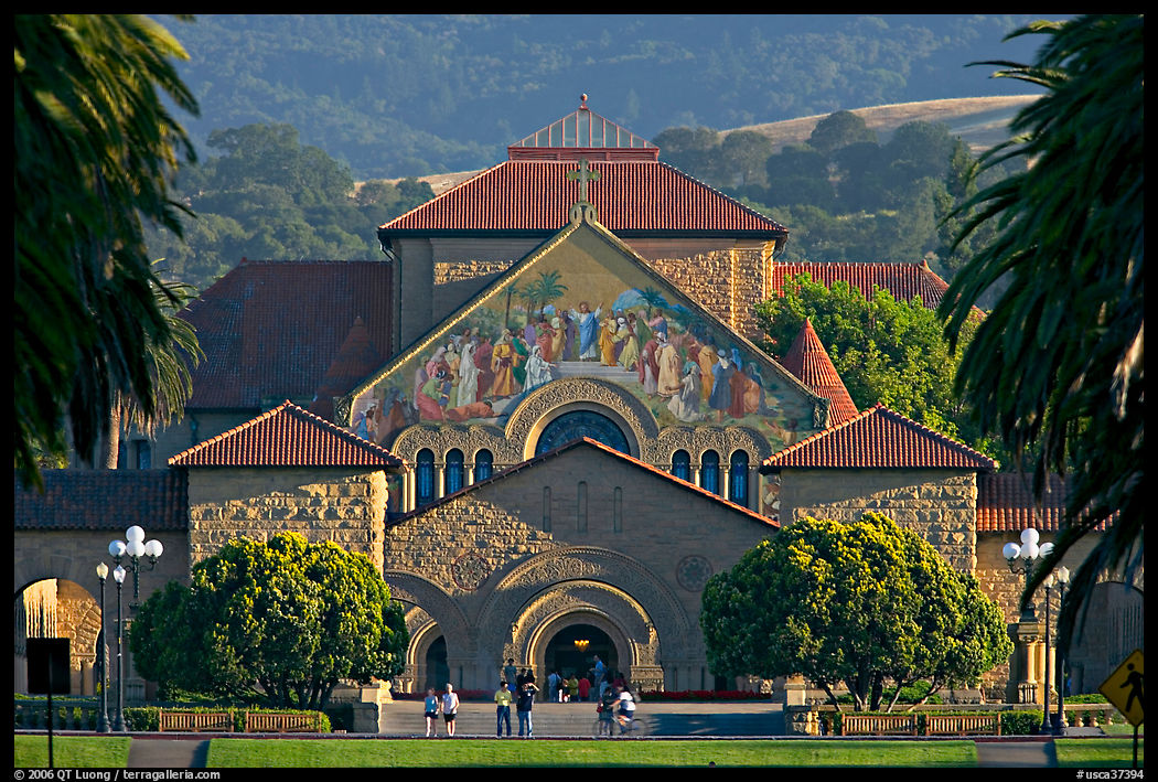 Memorial Church and main Quad, late afternoon. Stanford University, SF Bay area, California, USA