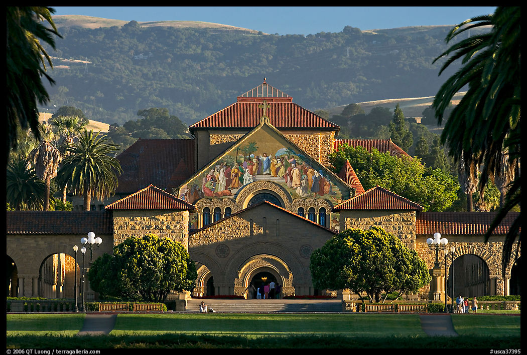 Memorial Church, main Quad, and foothills. Stanford University, SF Bay area, California, USA