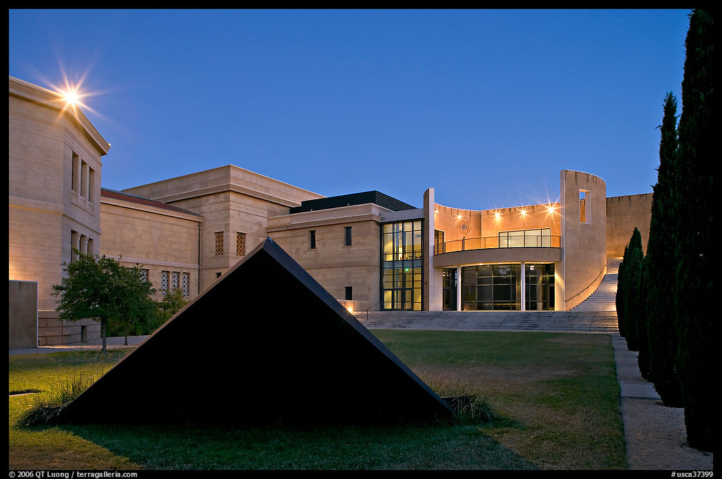 Pyramid in courtylard of the Cantor Art Museum at night. Stanford University, SF Bay area, California, USA