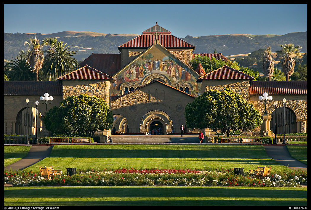 Lawn, main Quad, and Memorial Chapel. Stanford University, SF Bay area, California, USA