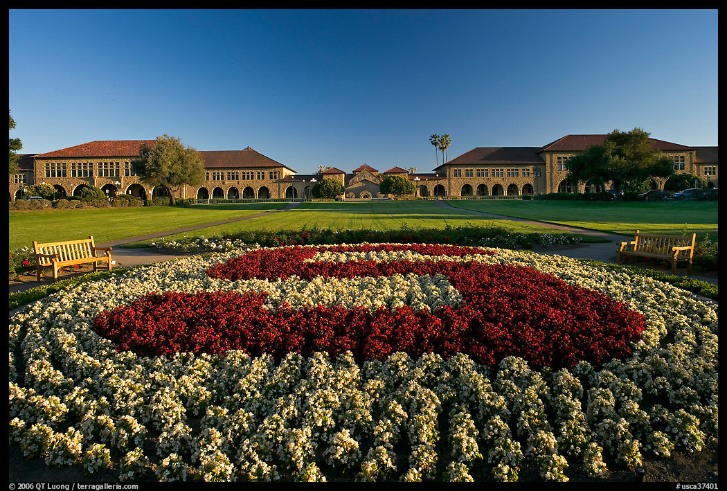 Stanford University S logo in flowers and main Quad. Stanford University, SF Bay area, California, USA