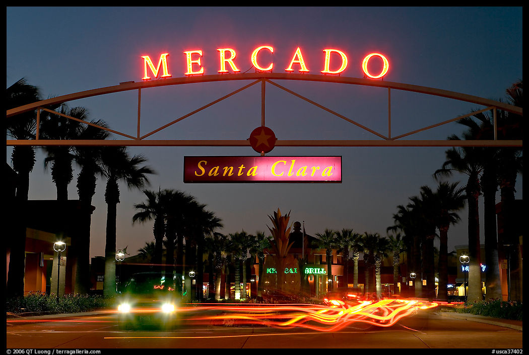 Entrance of the Mercado Shopping Mall at night, Santa Clara. SF Bay area, California, USA