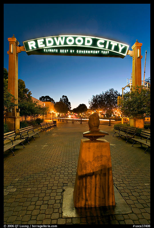 Plaza with Climate Best by Government Test sign at night. Redwood City, SF Bay area, California, USA