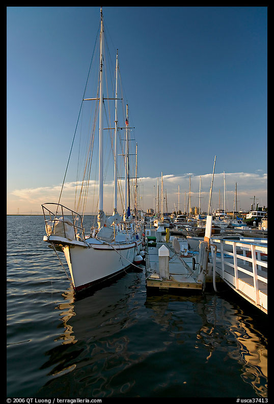 Yacht in Port of Redwood, late afternoon. Redwood City, SF Bay area, California, USA