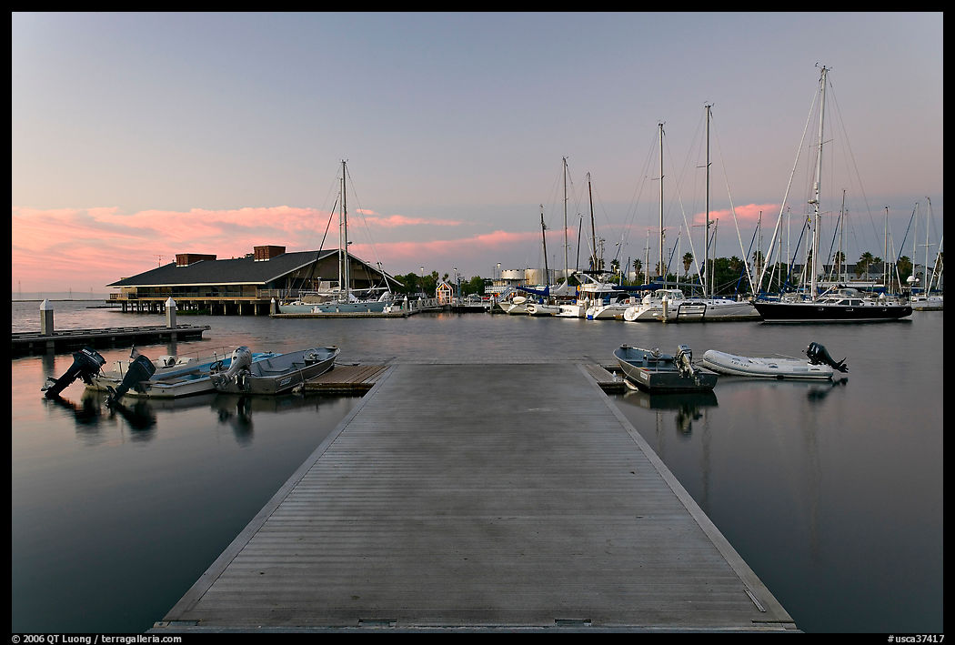 Deck and marina, sunset. Redwood City, SF Bay area, California, USA