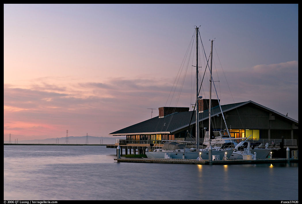 Marina building and yachts, sunset. Redwood City, SF Bay area, California, USA