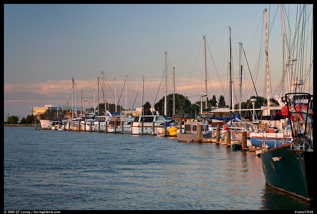 Yachts near Bair Islands, sunset. Redwood City, SF Bay area, California, USA