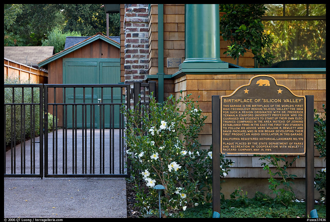Hewlett-Packard garage and historical landmark sign. Palo Alto, SF Bay area, California, USA