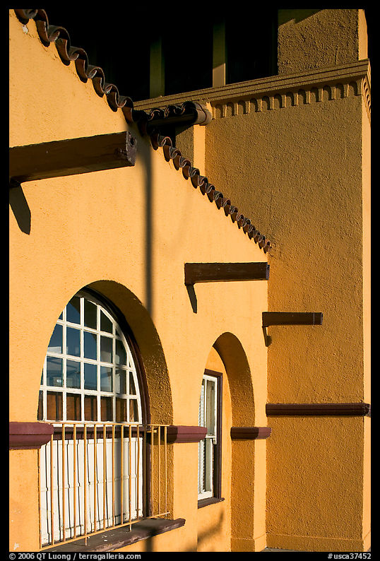 Detail of adobe style train depot. Burlingame, SF Bay area, California, USA