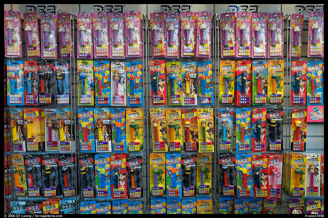 Pez dispensers and candy for sale, Pez museum. Burlingame, SF Bay area, California, USA