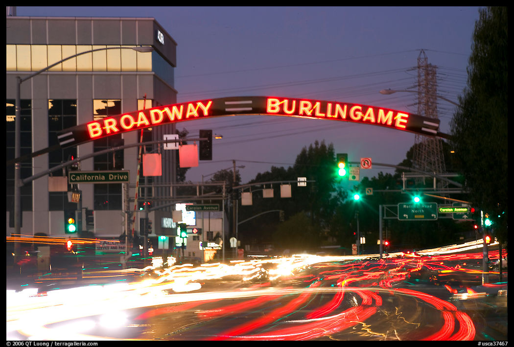 Broadway at dusk with lights from traffic. Burlingame, SF Bay area, California, USA