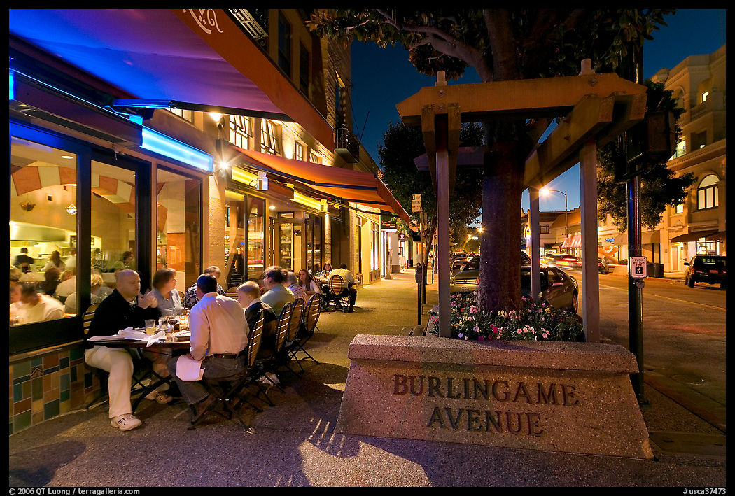 Burlingame Avenue at night. Burlingame, SF Bay area, California, USA